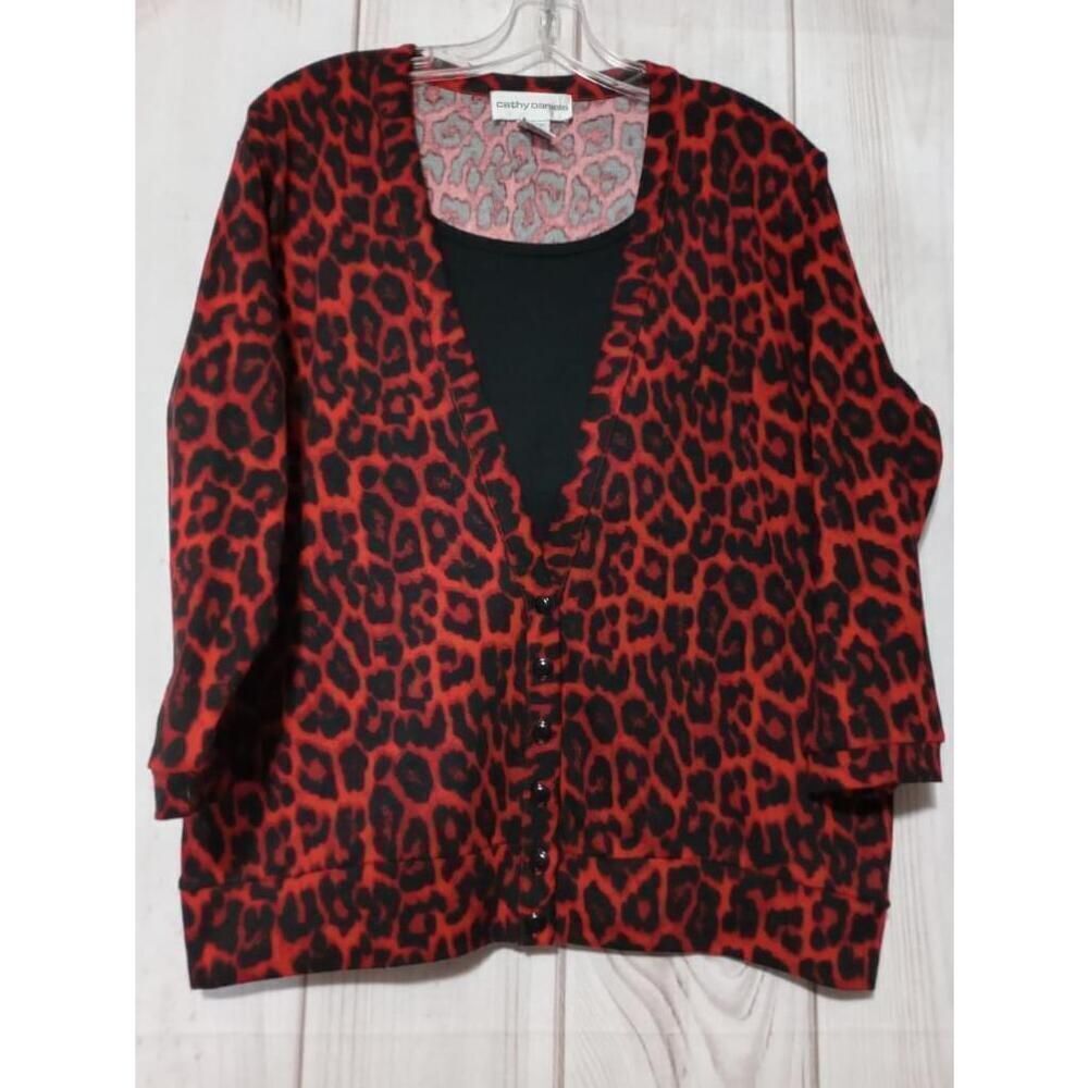 Cathy Daniels Red Black Leopard Print 2-in-1 Cardigan‎ Layered Top Mens Large